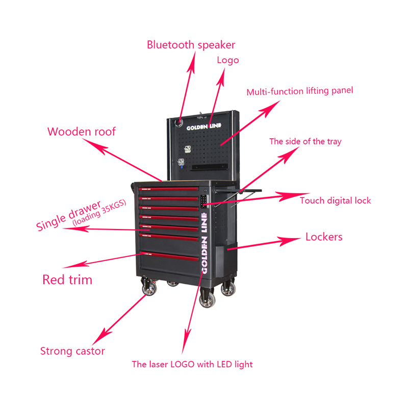 Chariot à outils pour armoire à outils à serrure numérique GL3307-SS, avec plateau latéral et haut-parleur Bluetooth