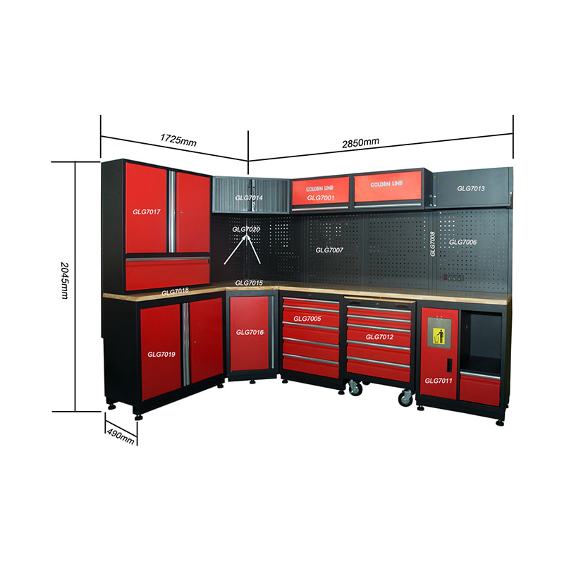 Établi modulaire en acier de rangement pour garage GLG7000C avec armoire à outils d'angle et boîte à outils en métal rouge